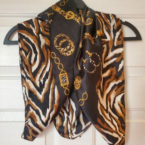 Luxurious Silky Black and Gold Animal and Jewelry Print Square Scarf